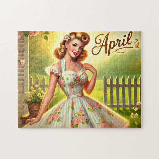 Quebra-cabeça Garota Retro Loira de Abril Pin-Up Primavera (Horizontal)