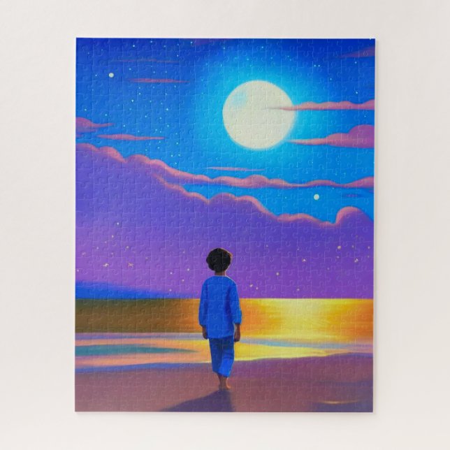 Quebra-cabeça Garoto na praia, olhando na lua (Vertical)