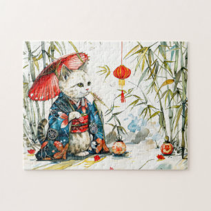 Quebra-cabeça Gata Geisha Branca com Guarda-Chuva Vermelho na Fl