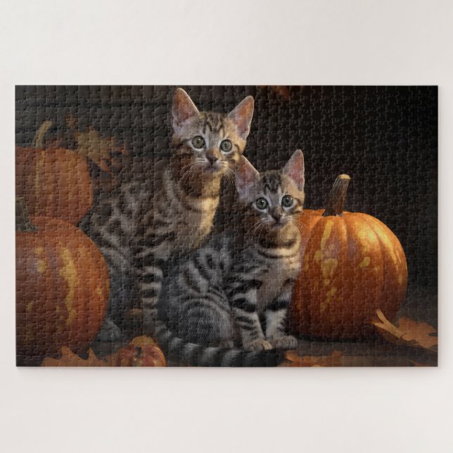 Quebra-cabeça Gatinho Bengal Outono Delícia Abóbora (Horizontal)