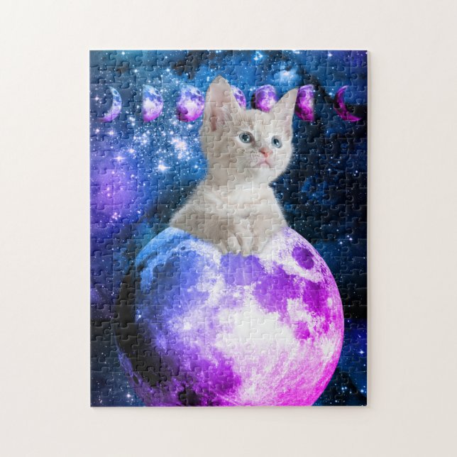 Quebra-cabeça Gatinho Bonito Na Lua Brilhando Estrelas Universo  (Vertical)