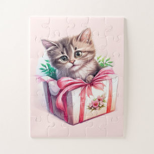 Quebra-cabeça Gatinho Bonito num Presente de Aniversário de Caix