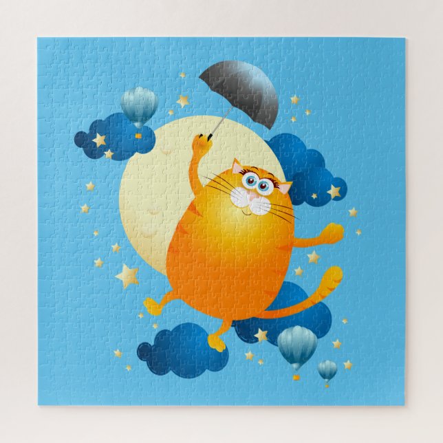 Quebra-cabeça Gatinho bonito voando com guarda-chuva (Vertical)