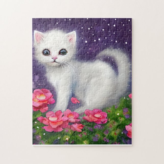 Quebra-cabeça Gatinho branco cercado por flores (Vertical)