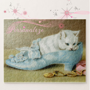 Quebra-cabeça Gatinho branco fofo vintage em um sapato de cetim