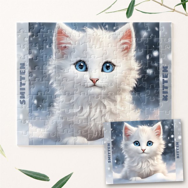 Quebra-cabeça Gatinho branco giro Gato de inverno Neve Personali (Cute White Kitten Cat Winter Snow Custom Name Jigsaw Puzzle)