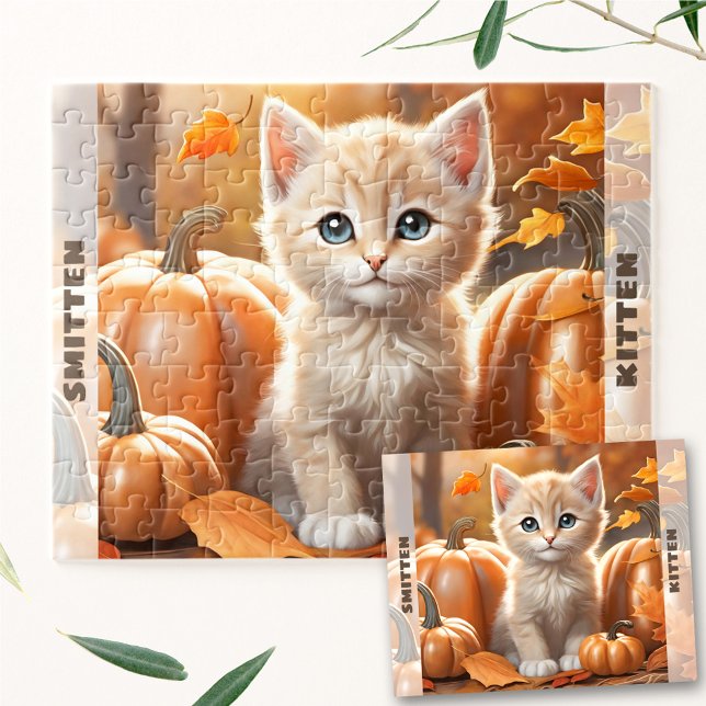 Quebra-cabeça Gatinho Cachorro Gato Abatido Pumpkin outono Autum (Cute Kitten Cat Pumpkin Fall Autumn Custom Name Jigsaw Puzzle)