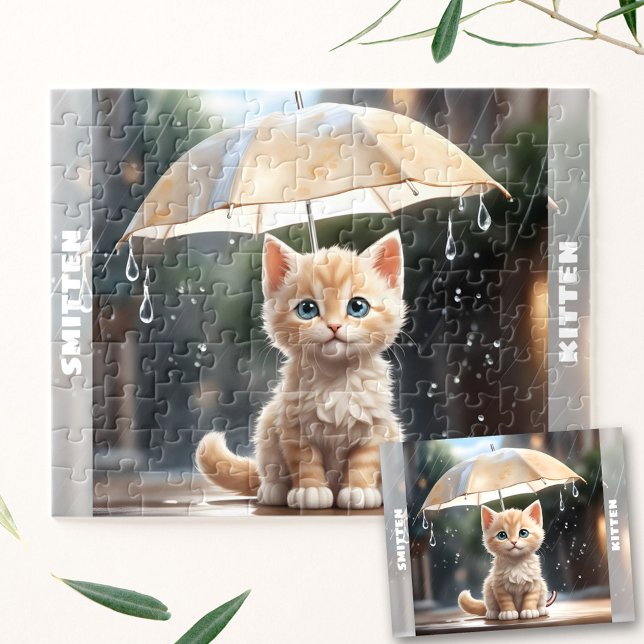 Quebra-cabeça Gatinho Cachorro Gato Guarda-chuvas Queda Chuva Pe (Cute Kitten Cat Umbrella Fall Rain Custom Name Jigsaw Puzzle)
