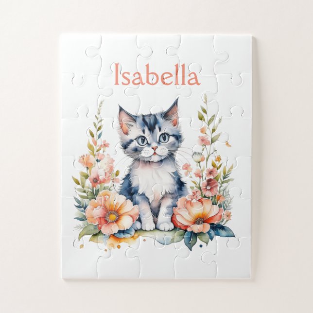 Quebra-cabeça Gatinho Cinza Personalizado em Flores Rosas (Vertical)