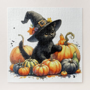Quebra-cabeça Gatinho do Dia das Bruxas Negro com Pumpkins e Cha