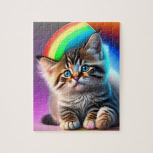 Quebra-cabeça Gatinho Fofo Com Arco-íris e Luzes Neon, Gato