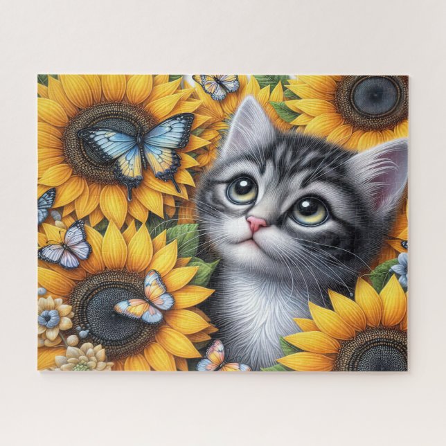 Quebra-cabeça Gatinho Fofo Com Girassóis (Horizontal)