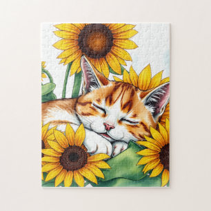 Quebra-cabeça Gatinho Fofo Dormindo e Girassóis