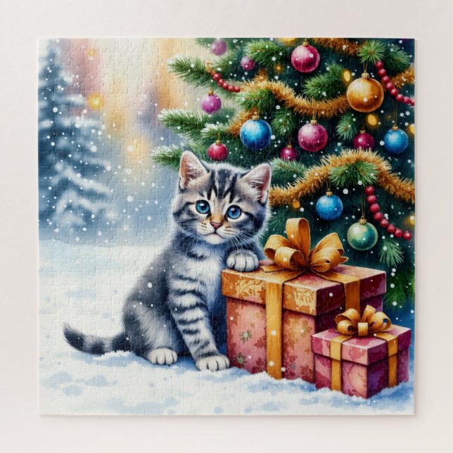 Quebra-cabeça Gatinho Fofo Sob a Árvore de Natal (Vertical)