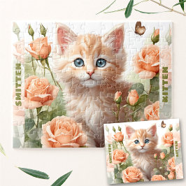 Quebra-cabeça Gatinho Gato Gato Rosa Floral de Verão Nome Person
