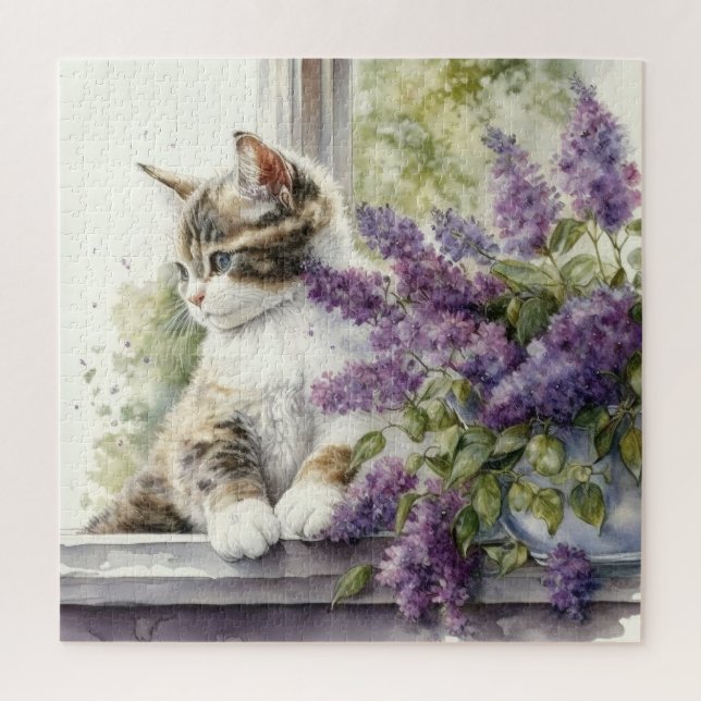 Quebra-cabeça Gatinho Gato Lavanda Flores Janela Luz Solar  (Vertical)