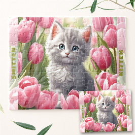 Quebra-cabeça Gatinho Gato Primavera Tulip Floral Nome Personali