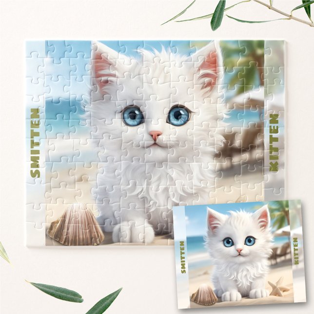 Quebra-cabeça Gatinho Gelado Branco Gato Praia Nome Personalizad (Cute Kitten White Cat Beach Summer Custom Name Jigsaw Puzzle)