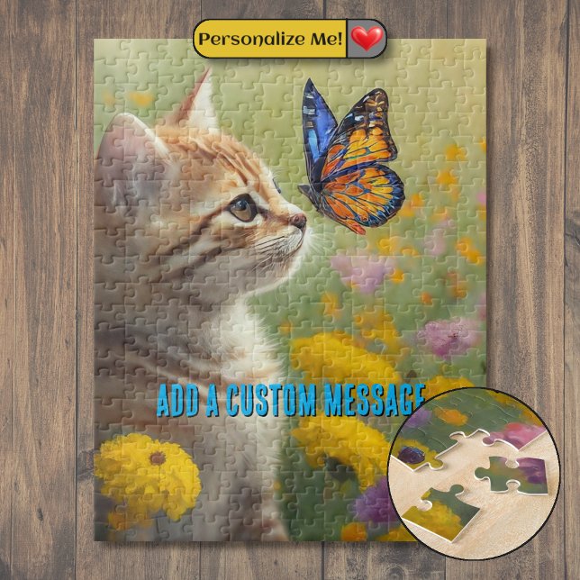 Quebra-cabeça Gatinho Laranja Branco Borboleta Colorida (Orange White Kitten Colorful Butterfly Jigsaw Puzzle)