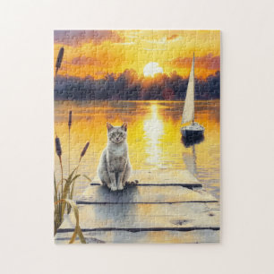 Quebra-cabeça gatinho no cais ao pôr do sol