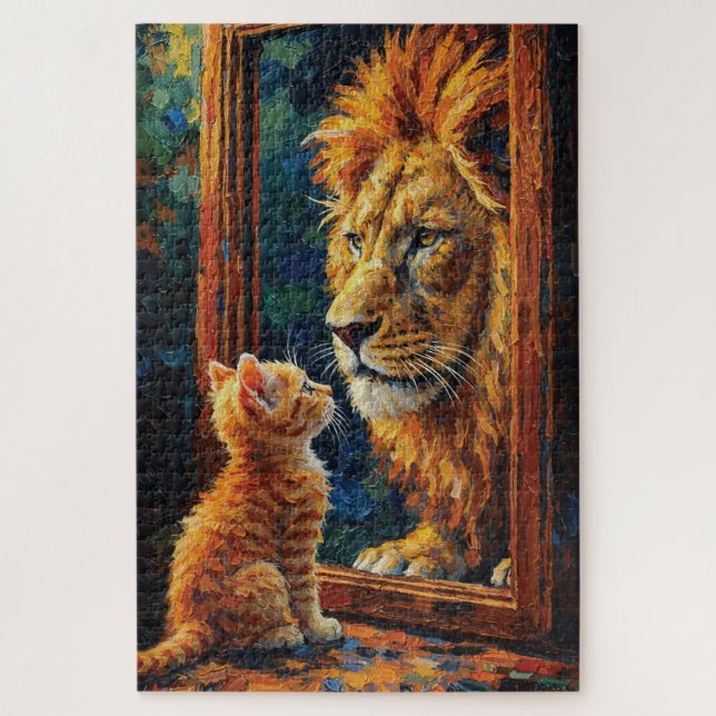 Quebra-cabeça Gatinho Vendo Reflexo de Leão Motivacional Impasto (Vertical)