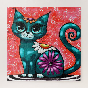 Quebra-cabeça Gatinho Whimsso Sentado em Rã Teal Floral
