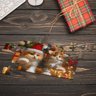 Quebra-cabeça Gatinhos bonitos com Papai Noel e chapéus de rena
