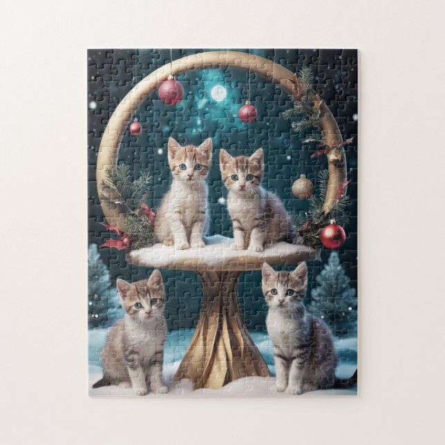 Quebra-cabeça Gatinhos de Natal Whimsso em Dourada Stand (Vertical)