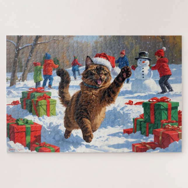 Quebra-cabeça Gato Abissínio Cena de Natal Festiva Neve (Horizontal)