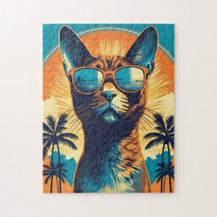 Quebra-cabeça Gato Abissino com óculos de sol numa praia tropica