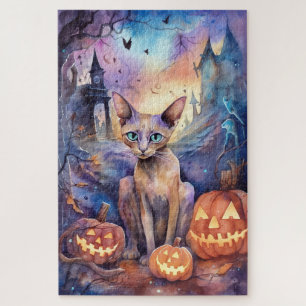 Quebra-cabeça Gato Abissino Do Halloween Com Assustador De Abóbo