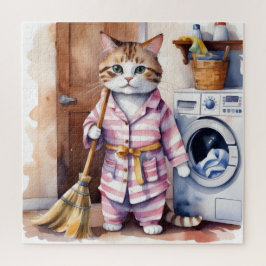 Quebra-cabeça Gato Adorável de Pijama Engraçado na Lavanderia