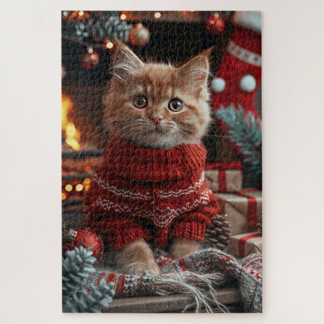 Quebra-cabeça Gato Angorá Turco Com Presentes De Natal Lareira  (Vertical)