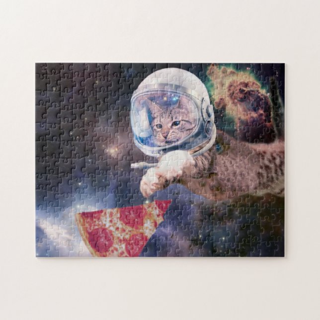 Quebra-cabeça Gato astronauta caçando uma fatia de pizza (Horizontal)