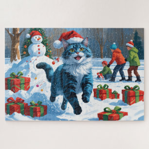 Quebra-cabeça Gato Azul Oriental Sentado na Neve com Chapéu de N