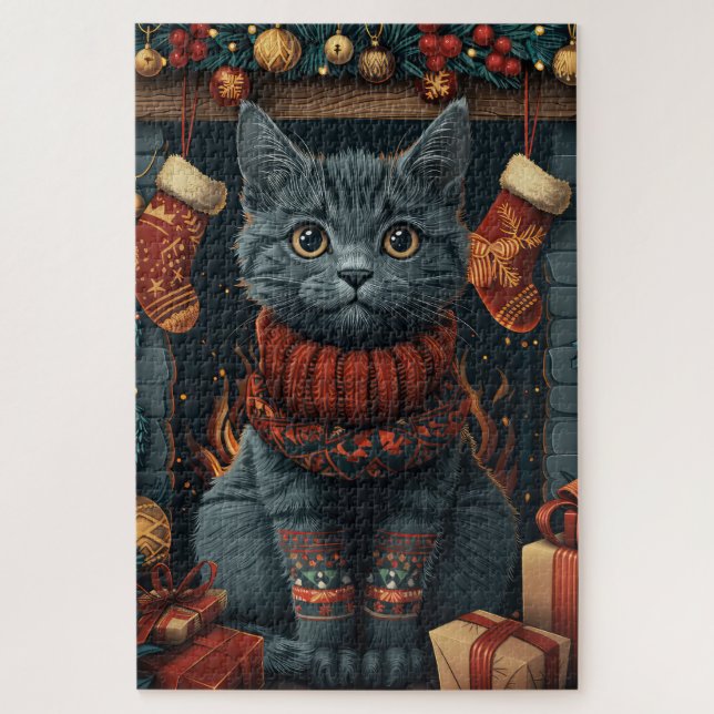 Quebra-cabeça Gato Azul Russo Com Presentes De Natal Lareira (Vertical)