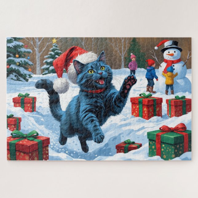 Quebra-cabeça Gato Azul Russo Correndo Neve com Chapéu de Natal (Horizontal)