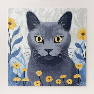Quebra-cabeça Gato Azul Russo Flores Amarelas