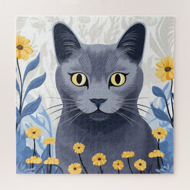 Quebra-cabeça Gato Azul Russo Flores Amarelas (Horizontal)