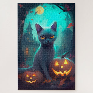 Quebra-cabeça Gato Azul Russo Halloween Com Pumpkins Assustado