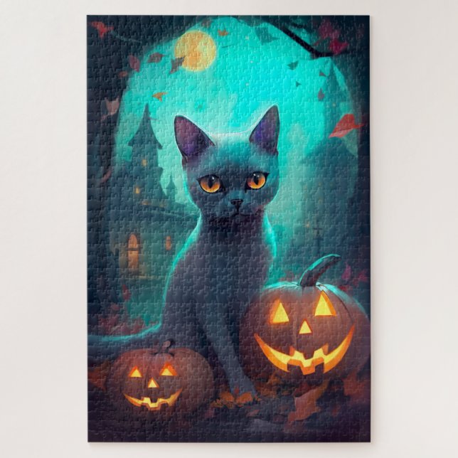 Quebra-cabeça Gato Azul Russo Halloween Com Pumpkins Assustado (Vertical)
