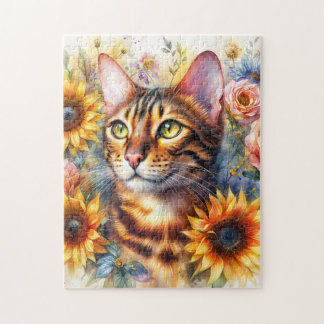 Quebra-cabeça Gato Bengal Aquarela Floral