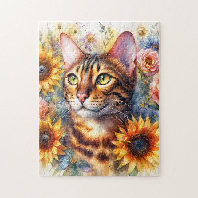 Quebra-cabeça Gato Bengal Aquarela Floral (Vertical)