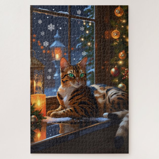 Quebra-cabeça Gato Bengal com Luzes de Natal Feriado (Vertical)