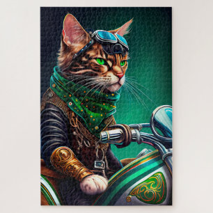 Quebra-cabeça Gato Bengal dirigindo bicicleta no Dia de São Patr