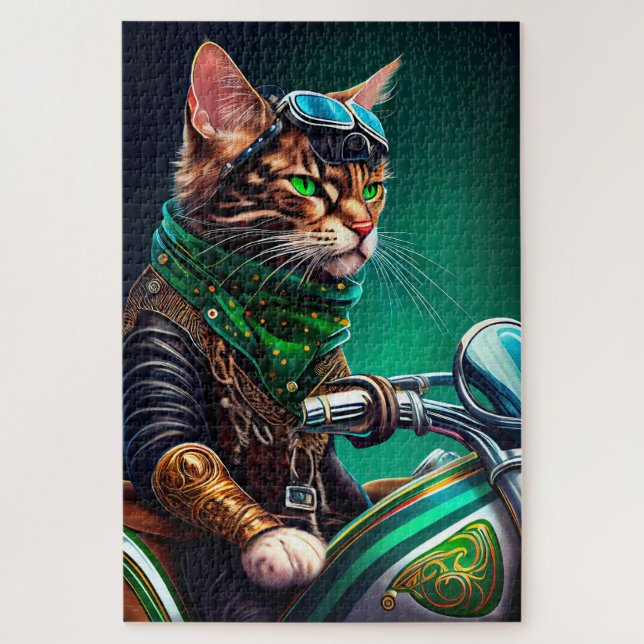 Quebra-cabeça Gato Bengal dirigindo bicicleta no Dia de São Patr (Vertical)