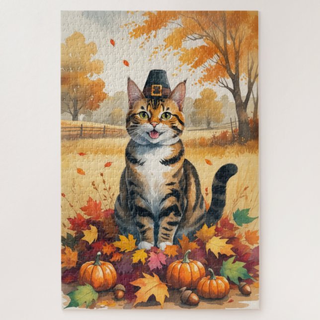 Quebra-cabeça Gato Bengal em Folhas de Outono Arte de Ação de Gr (Vertical)