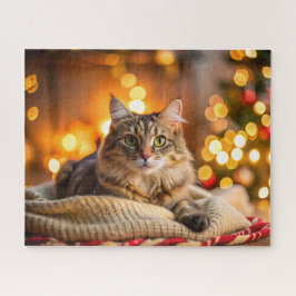 Quebra-cabeça Gato bonitinho a saltar num cobertor de Natal conf