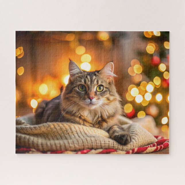 Quebra-cabeça Gato bonitinho a saltar num cobertor de Natal conf (Horizontal)
