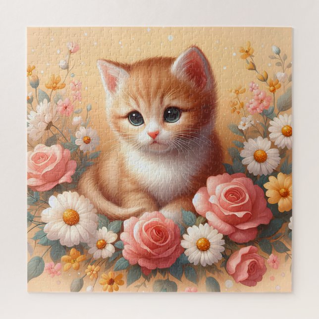 Quebra-cabeça Gato Bonito Com Flores (Vertical)